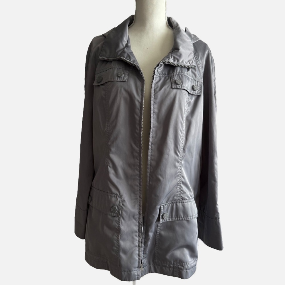 Calvin Klein Gray Rain Jacket with Collared Neckline and Hoodie